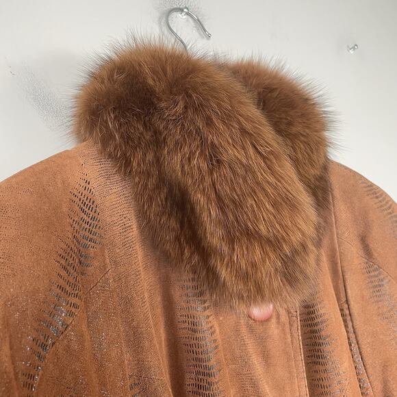 Vtg 70s Suede Trench Coat w/ Genuine Fox Fur Collar Women’s L Brown Aspen Chic - Picture 5 of 16
